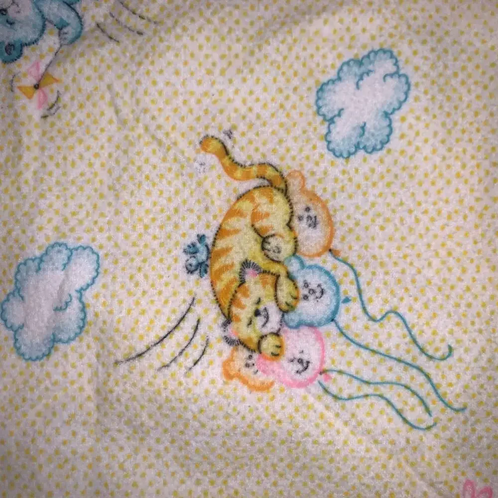 Vintage‎ Dundee Yellow Blue Cats Bunny Rabbit Balloon Dot Flannel Baby Blanket